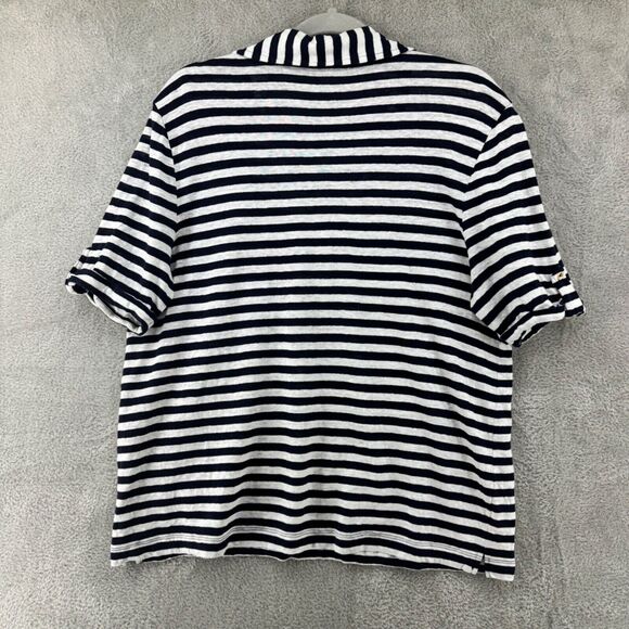 Chicos Top Womens 3 (XL) Blue Striped Linen Popover V-Neck Button Short Sleeve - Picture 7 of 12